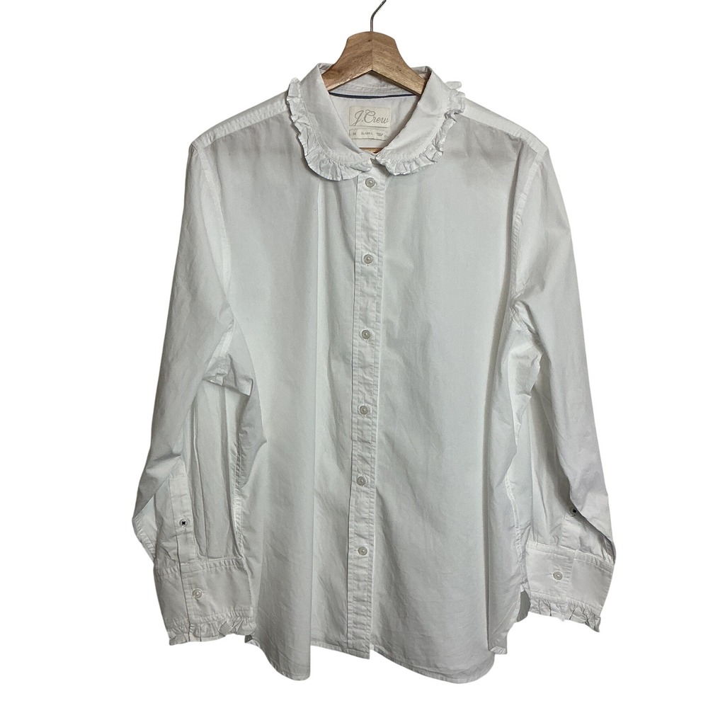 J Crew Classic Fit White Ruffleneck Shirt Plus Size 22 Preppy Relaxed Fit